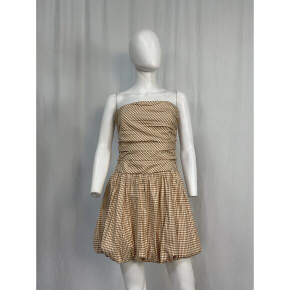 Reformation Strapless Dress in Checker Tan and White - Picture 4 of 5